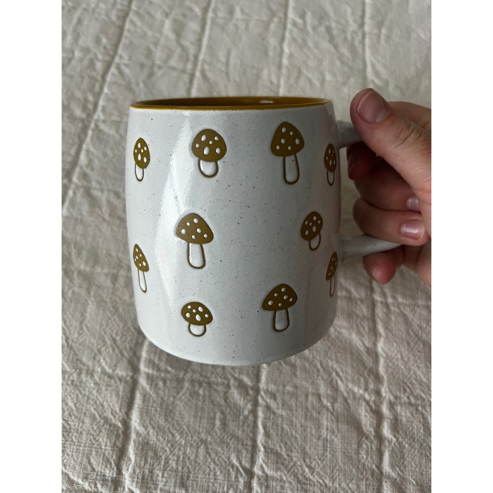 Tabletops Gallery Mushroom Coffee Mug Speckled White Mustard Gold Ceramic Cup